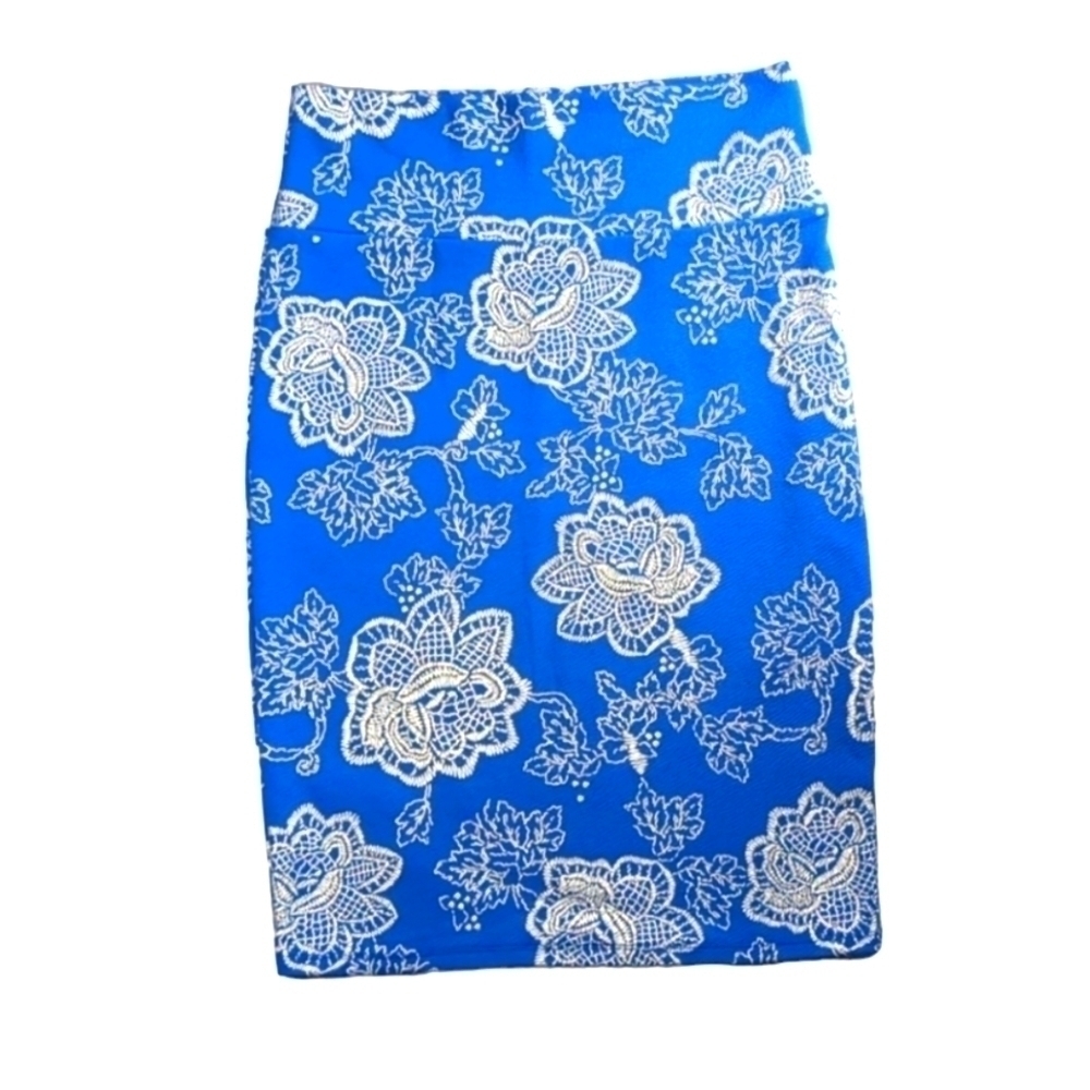 Lularoe Royal Blue Silver Floral A-Line Pencil Cassie Skirt Yoga Size Small